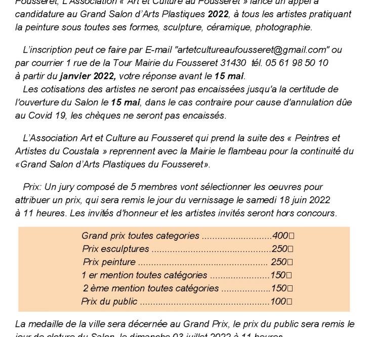 Appel à candidature 39éme Salon d'Arts Plastiques du Fousseret 2022