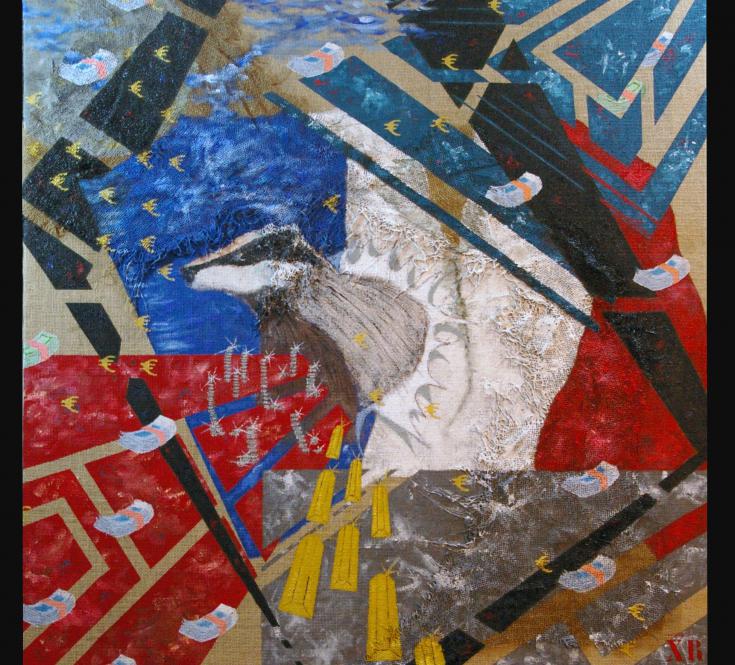 *Blaireaux* 100 X100 sur toile de jute, aérosol, acrylique, huile, vinylique