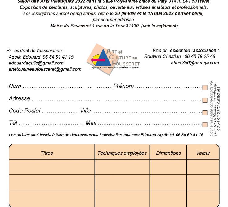 Feuille d'inscription 39éme Salon d'Arts Plastiques du Fousseret 2022