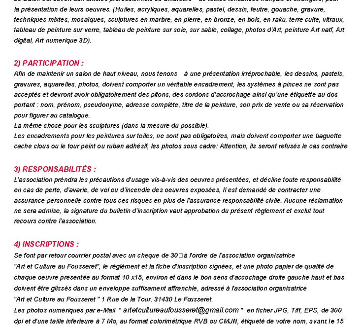 Règlement page 1 du 39éme Salon d'Arts Plastiques du Fousseret 2022