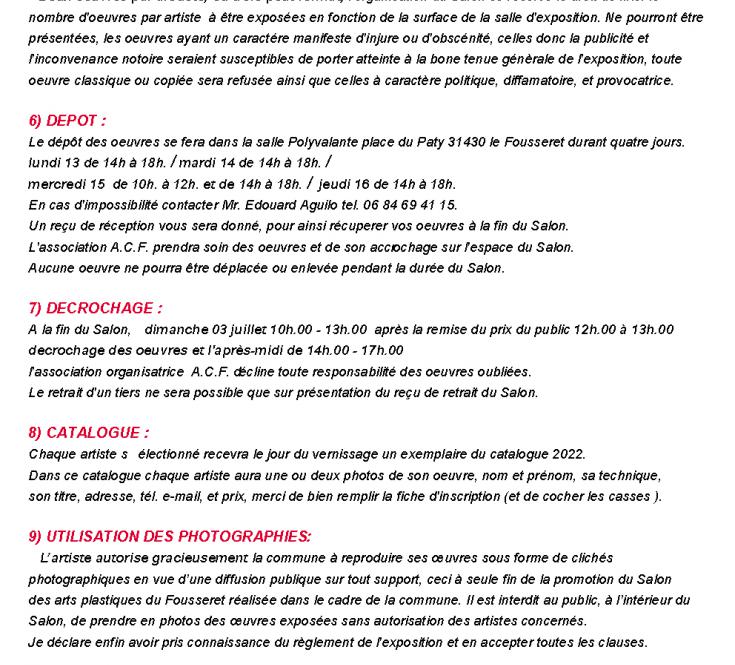 Règlement page 2 du 39éme Salon d'Arts Plastiques du Fousseret 2022